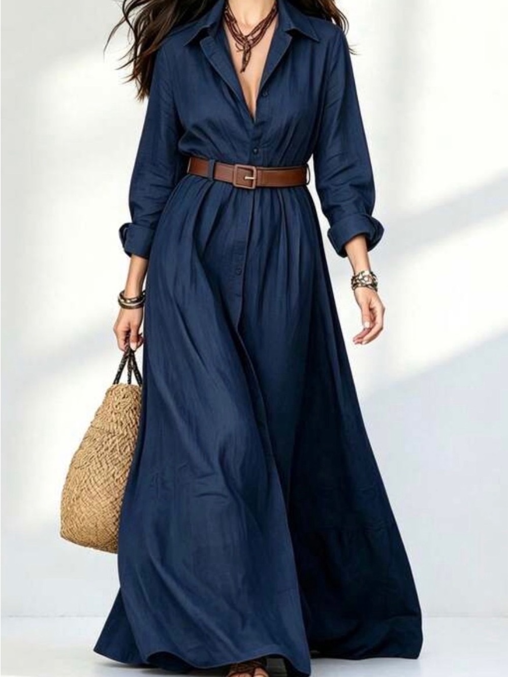 Women's Navy Long Shirt Dress with Belt